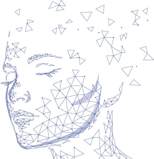 blue mesh outline of woman's head
